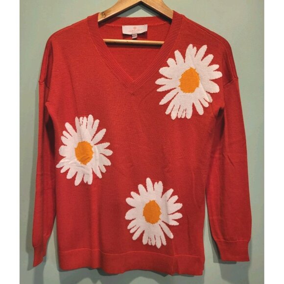 Laurie Felt Red Daisy Lightweight V Neck Oversized Sweater Sz XXS - Picture 1 of 8